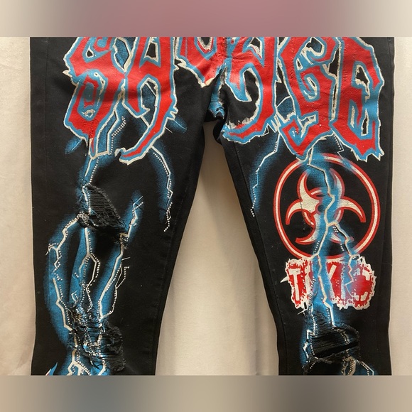NWT GFTD Los Angeles SAVAGE Skinny Distressed Painted Black Jeans 34” X 32” - Picture 3 of 10